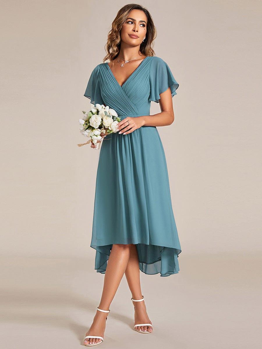 Chiffon feestjurk voor bruiloftsgast met V-hals en korte mouwen 110
