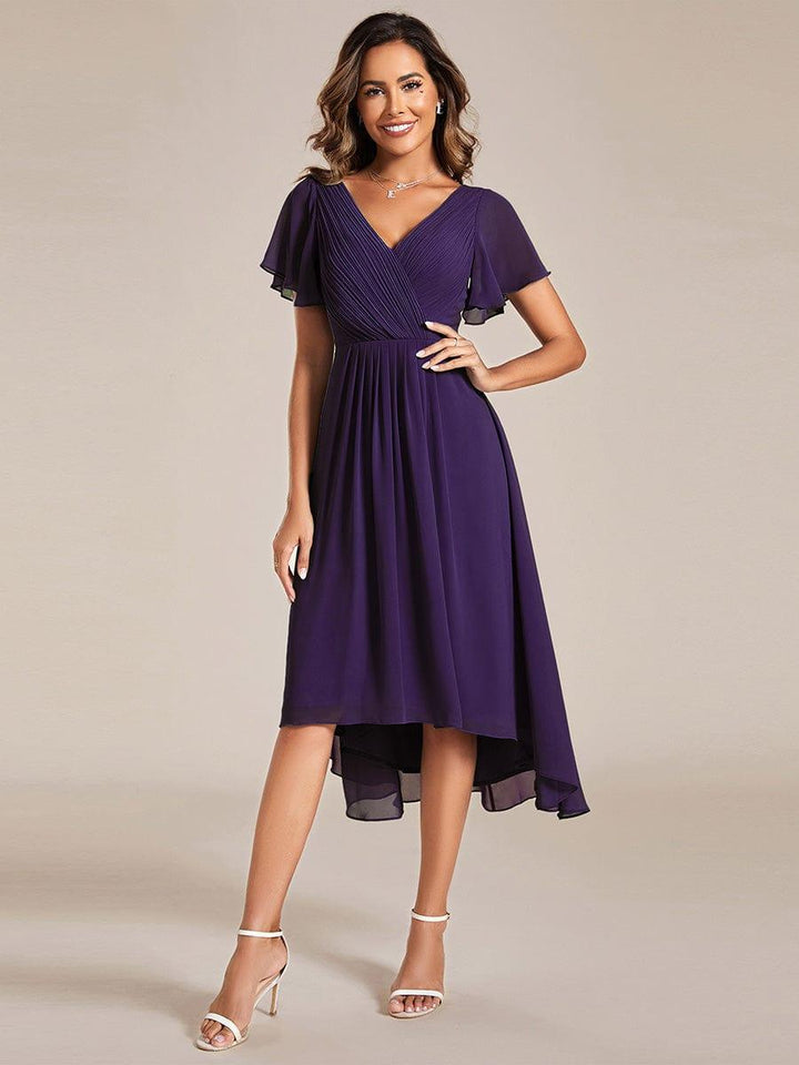 Chiffon feestjurk voor bruiloftsgast met V-hals en korte mouwen 120