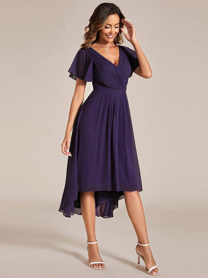 Chiffon feestjurk voor bruiloftsgast met V-hals en korte mouwen 116