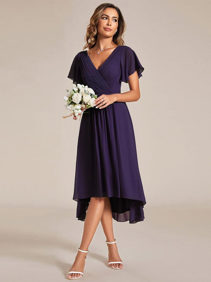 Chiffon feestjurk voor bruiloftsgast met V-hals en korte mouwen 119