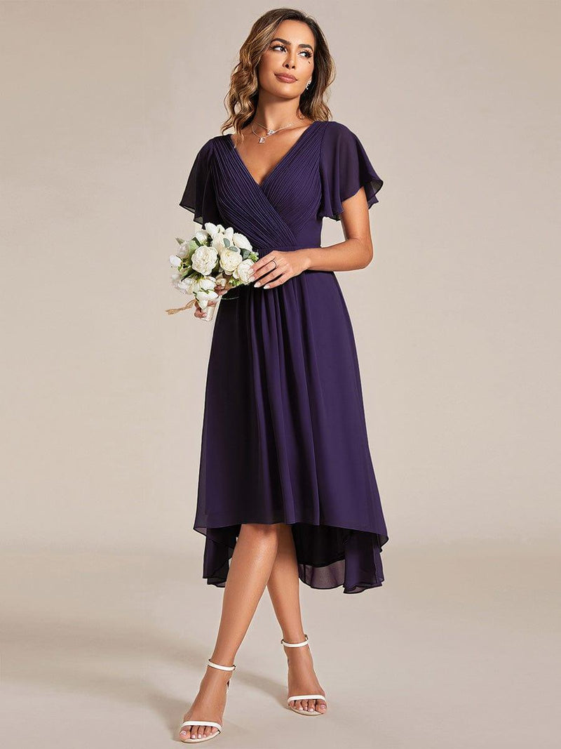 Chiffon feestjurk voor bruiloftsgast met V-hals en korte mouwen 119