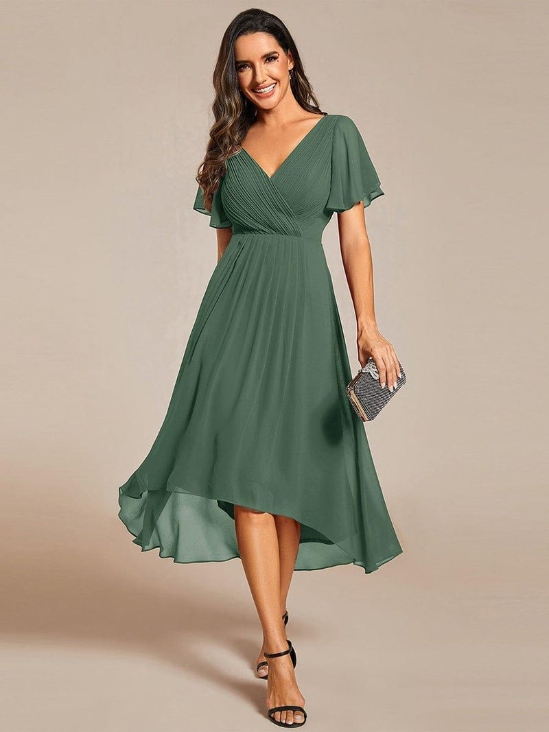 Chiffon feestjurk voor bruiloftsgast met V-hals en korte mouwen 144
