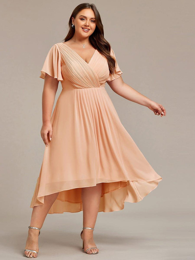 Chiffon feestjurk voor bruiloftsgast met V-hals en korte mouwen 142