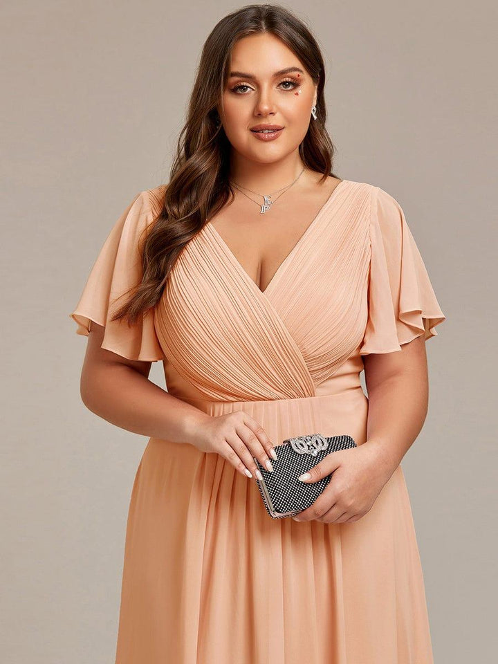 Chiffon feestjurk voor bruiloftsgast met V-hals en korte mouwen 141