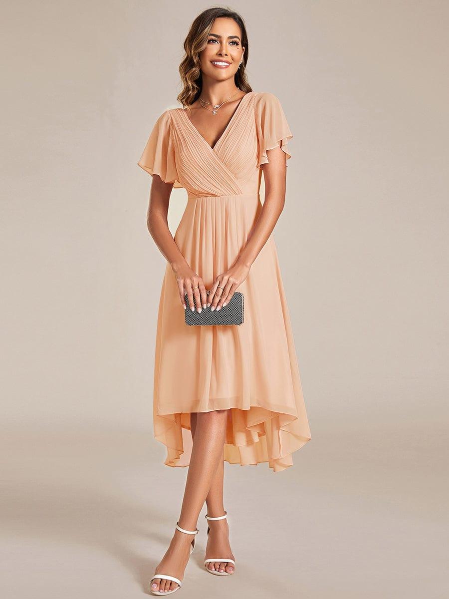 Chiffon feestjurk voor bruiloftsgast met V-hals en korte mouwen 134