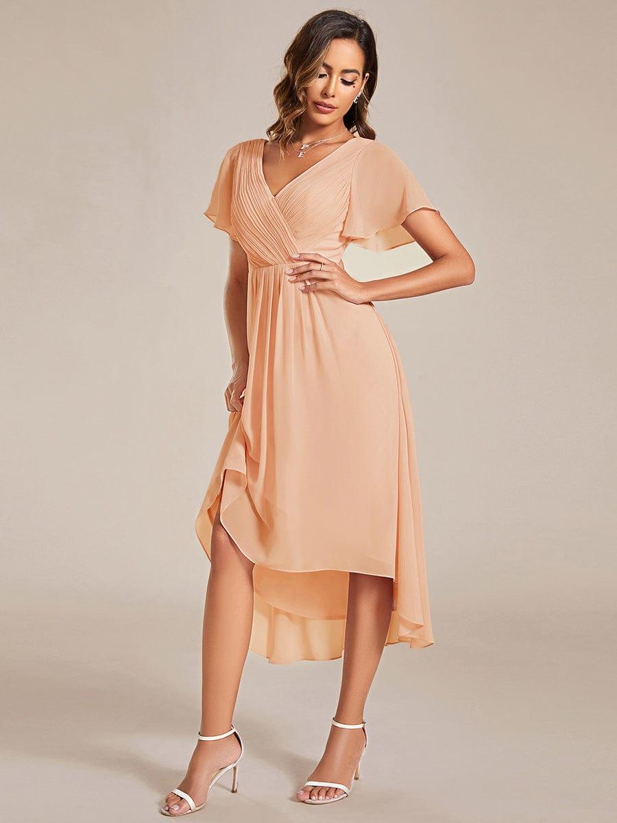 Chiffon feestjurk voor bruiloftsgast met V-hals en korte mouwen 137