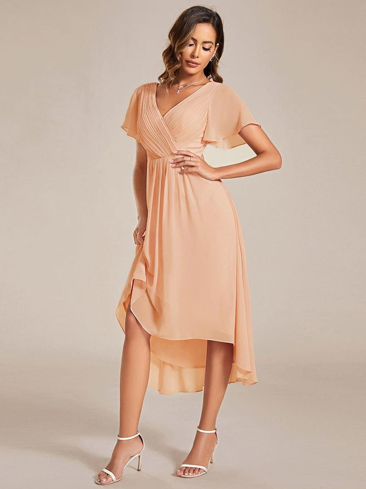 Chiffon feestjurk voor bruiloftsgast met V-hals en korte mouwen 137