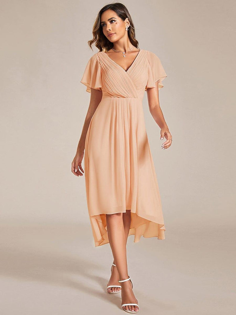 Chiffon feestjurk voor bruiloftsgast met V-hals en korte mouwen 138