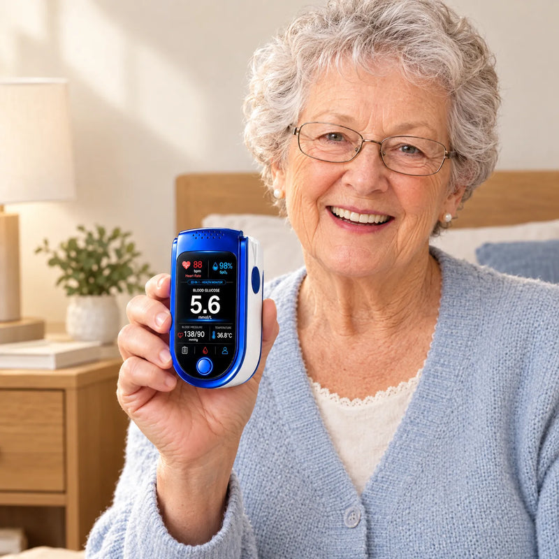 Lachende oudere vrouw met bril en blauw vest houdt de blauw-witte vingermonitor met kleurendisplay omhoog in een lichte slaapkamer. 1