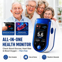 Drie lachende senioren achter de blauw-witte gezondheidsmonitor met kleurenscherm, met twee kleine inzetbeelden over lasertechnologie en bloedcellen. 2