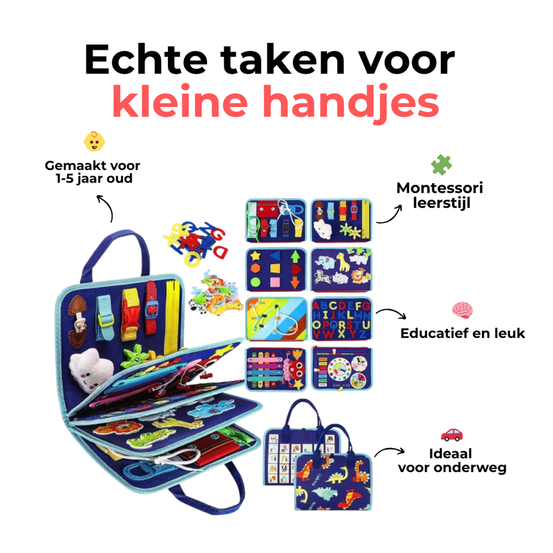 Productoverzicht van het blauwe boek met alle pagina's, letters, dieren en draagtas 9