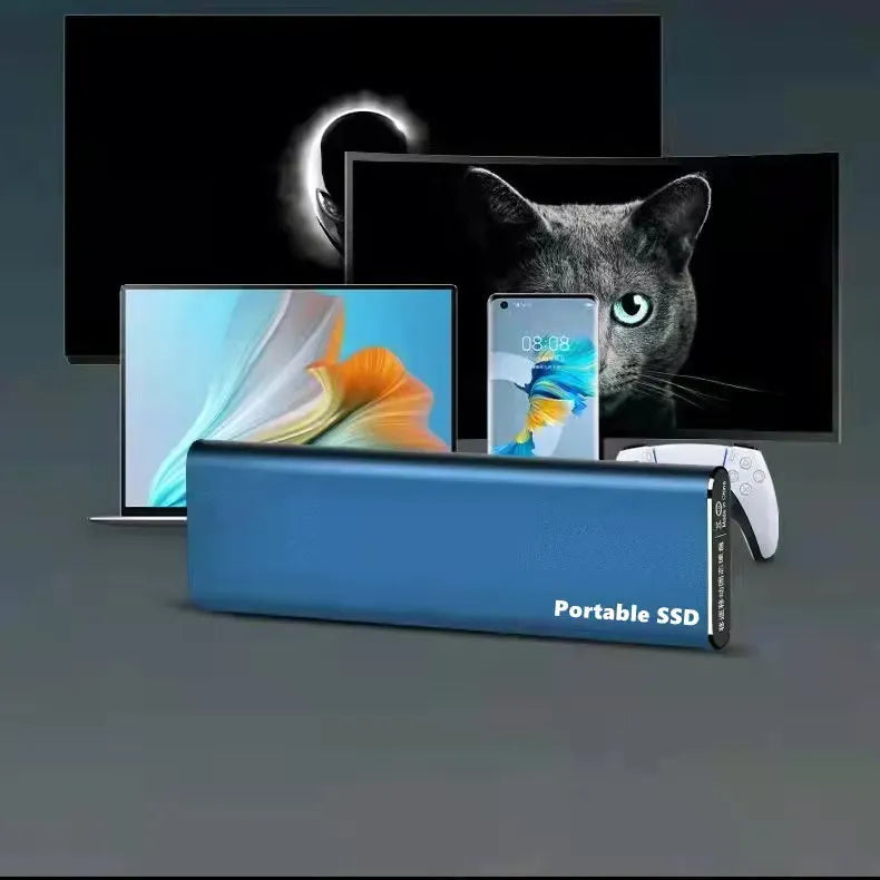 Blauwe externe schijf vooraan, met erachter een laptop, smartphone, twee schermen en een gamecontroller als compatibele apparaten. 6