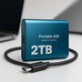 Blauwe externe SSD met usb-c kabel op een bureau, met een laptop op de achtergrond 4