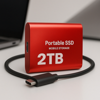 Rode externe SSD met usb-c kabel op een bureau, met een laptop op de achtergrond 5