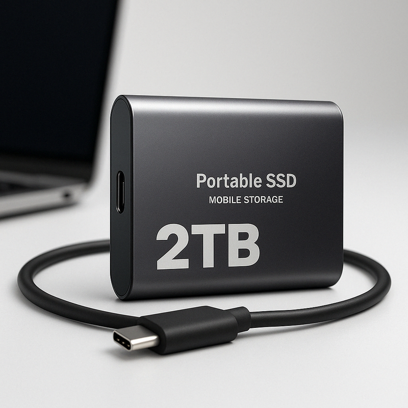 Zwarte externe SSD op een bureau met opgerolde USB-C-kabel en een laptop op de achtergrond 2