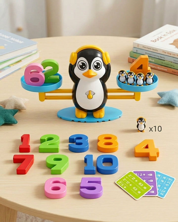 Pinguïnbalans met koptelefoon op een ronde tafel, omringd door losse cijfers, kaarten en een pinguïnfiguurtje 9