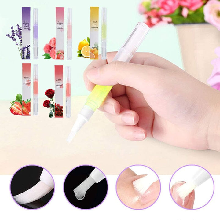 Vijf geurvarianten van de nagelolie-pen met doosjes, een hand die de pen gebruikt en close-ups van het penseel 1