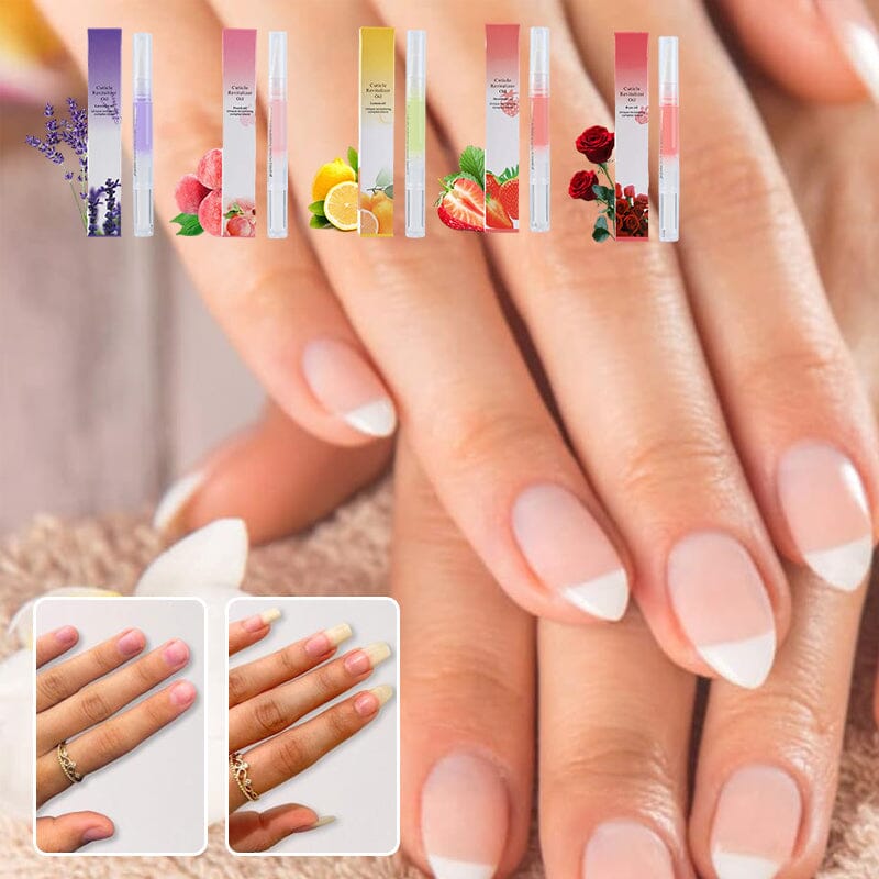 Vijf nagelolie-pennen met doosjes boven verzorgde handen met gladde nagels, plus twee voor-en-nafoto's 2