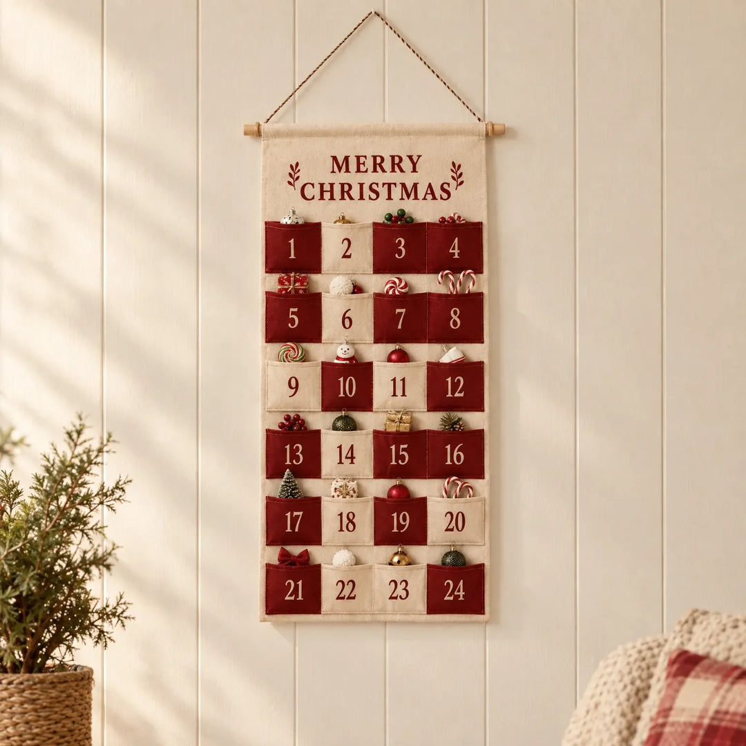 Rood en crème stoffen adventskalender met 24 vakjes aan een houten stokje, opgehangen aan een houten wand naast een plant en kussen. 1