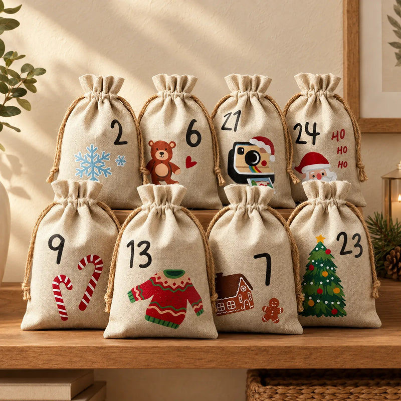 Acht beige stoffen zakjes met jute trekkoord, bedrukt met cijfers en kerstafbeeldingen, opgesteld op een houten plank met kaarslicht en dennentakken. 1