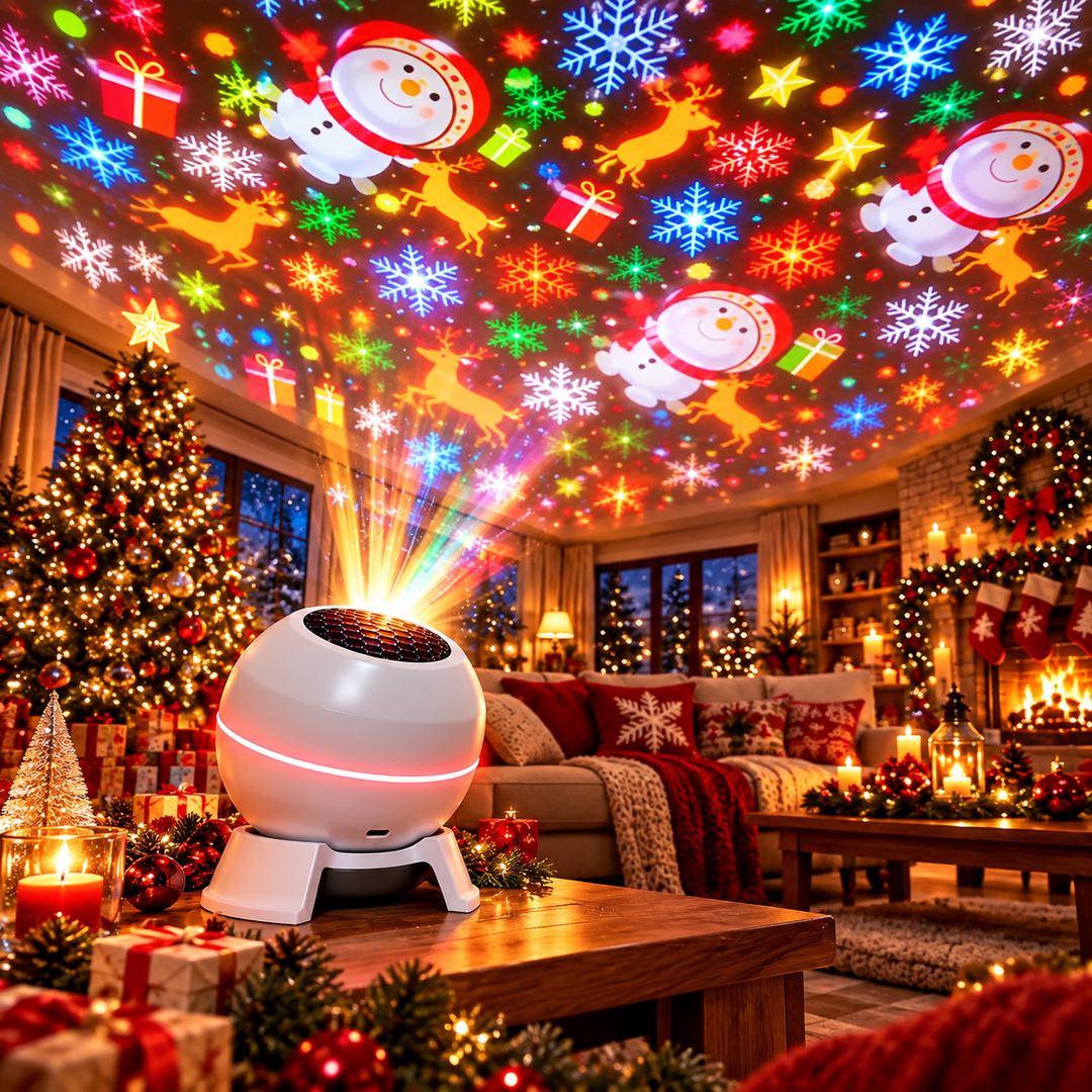 Close-up van de witte ronde projector met lichtstralen op een houten tafel, tegen een plafond vol gekleurde sneeuwvlokken en sneeuwmannen. 4