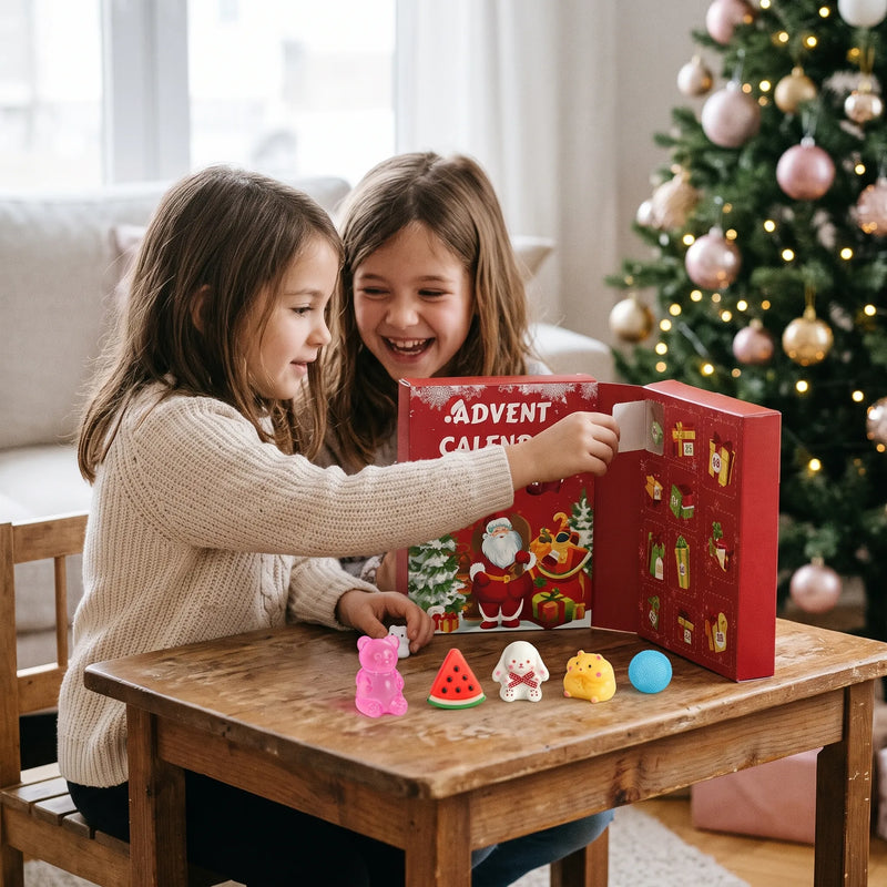 Twee lachende meisjes openen een luikje van de rode kalender bij een kerstboom, met speeltjes op tafel 1