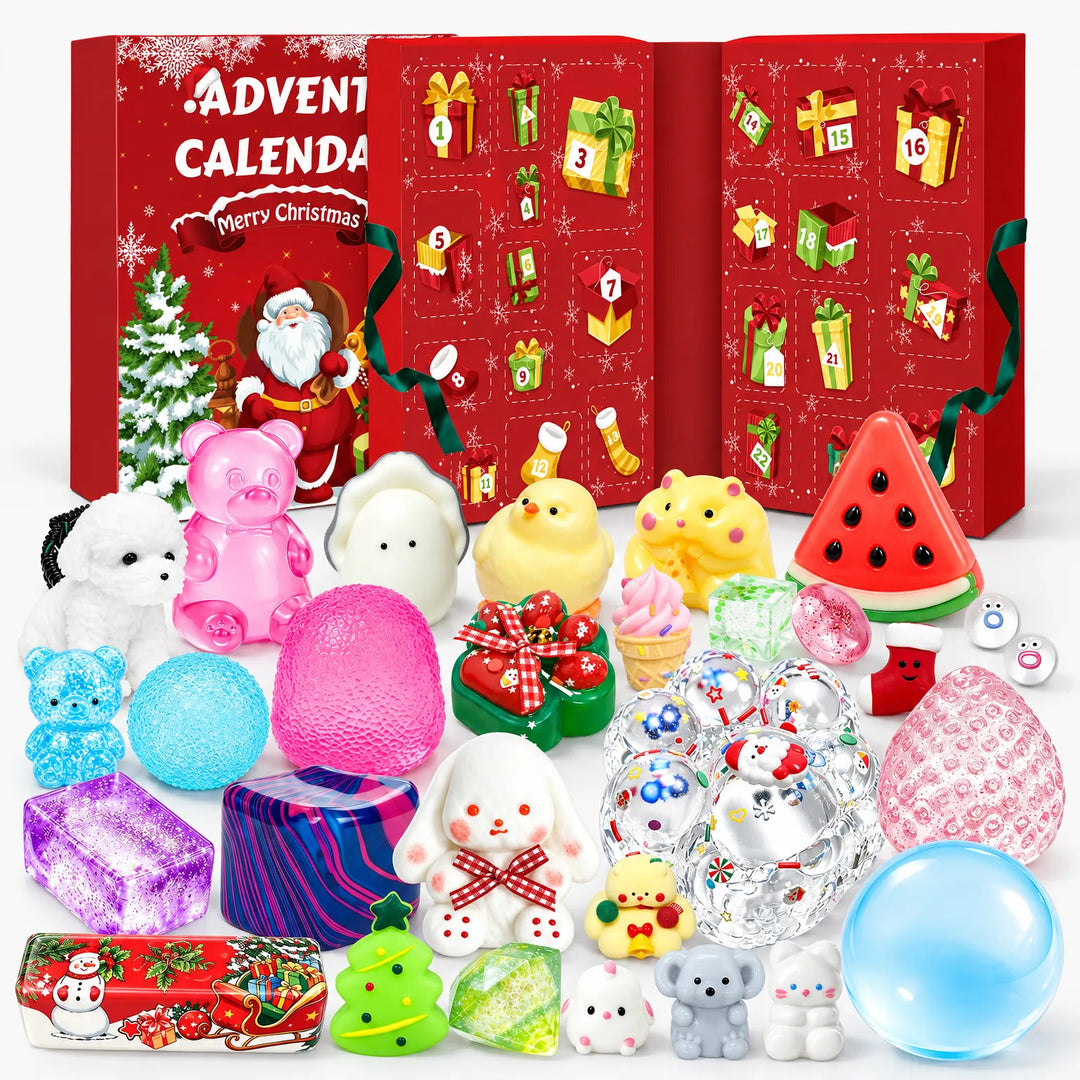 Open rode adventskalender met genummerde luikjes en daarvoor alle fidgetspeeltjes, zoals beertjes, konijntjes, een 2