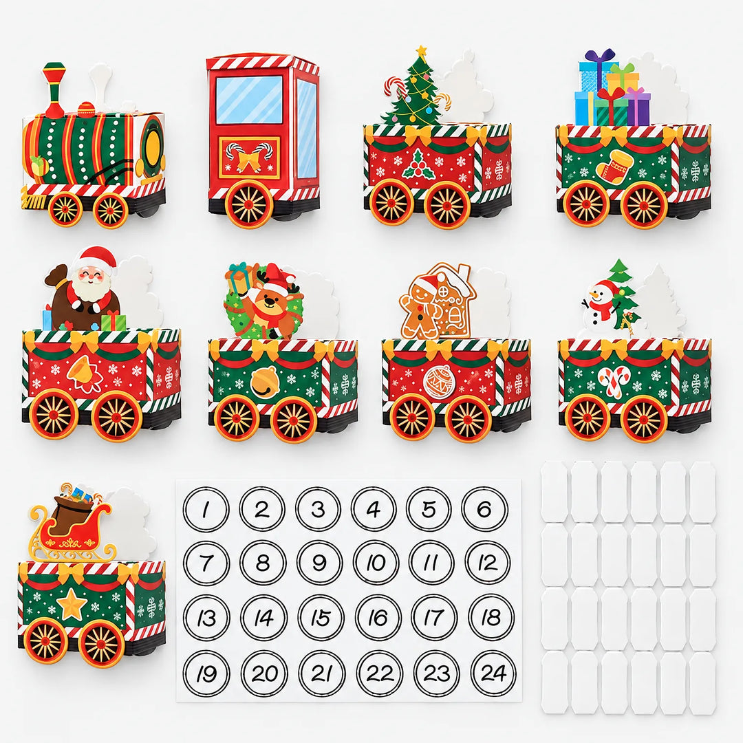 Alle losse onderdelen op een rij: locomotief, cabine, wagons met kerstfiguren, vel met nummerstickers van 1 tot 24 en witte plakvlakjes. 2