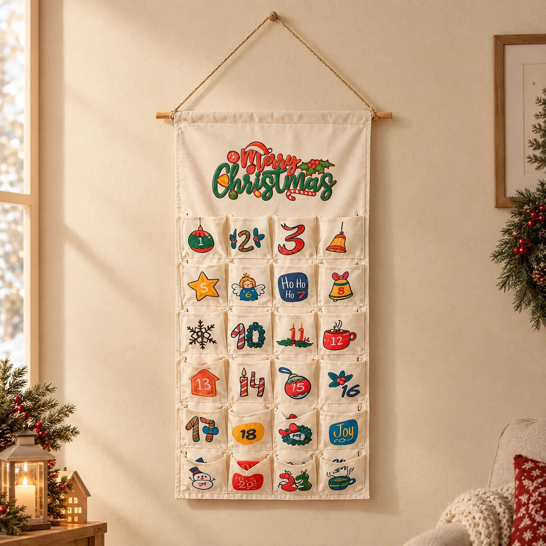 Katoenen adventskalender met 24 vakjes aan een houten stok en touw aan de muur, tussen kerstdecoratie in een gezellige woonkamer. 1