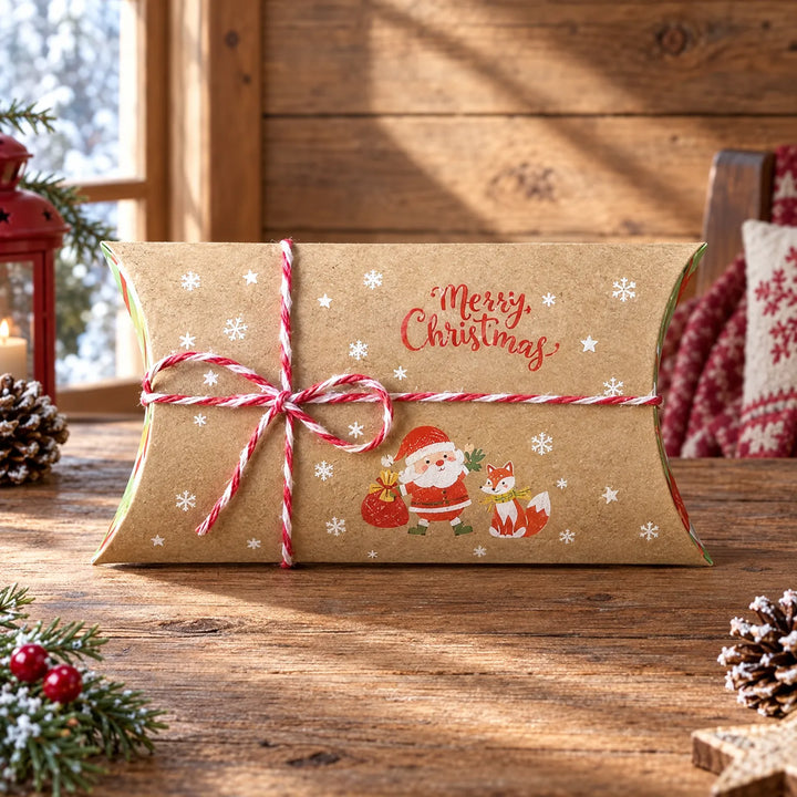 Kraftpapieren kussendoosje met rood-wit touwtje en kerstmanprint met vos, in een gezellige kerstsetting op een houten tafel. 1