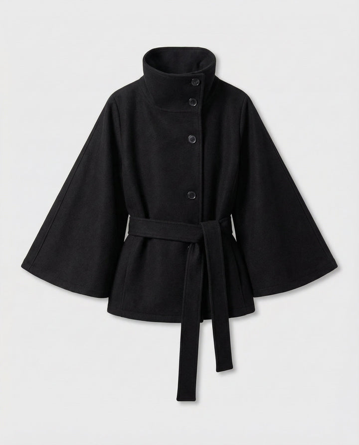 Women's Belted Wool-Blend Cape Jacket - High-Collar Winter Layer 5
