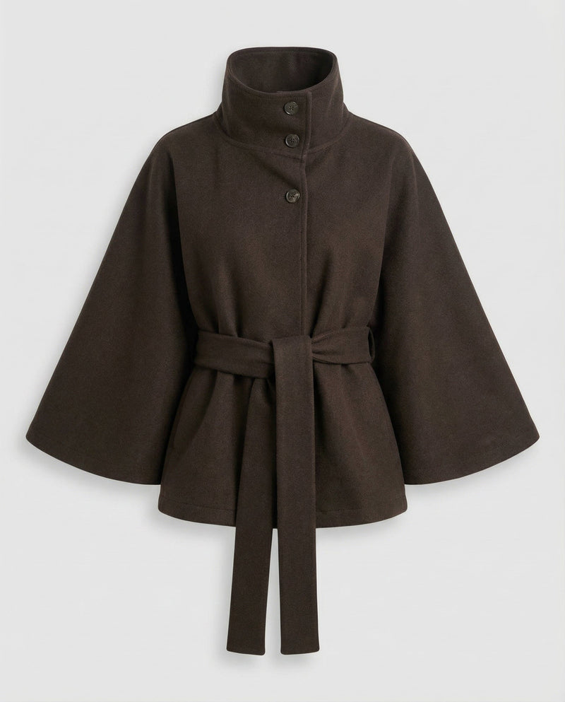 Women's Belted Wool-Blend Cape Jacket - High-Collar Winter Layer 2