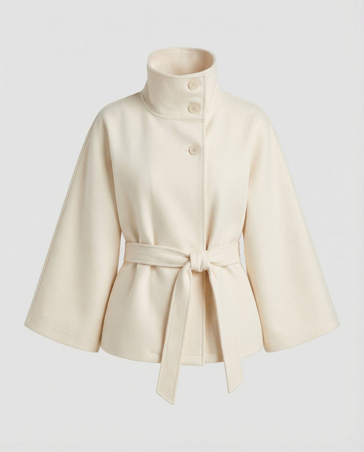 Women's Belted Wool-Blend Cape Jacket - High-Collar Winter Layer 3