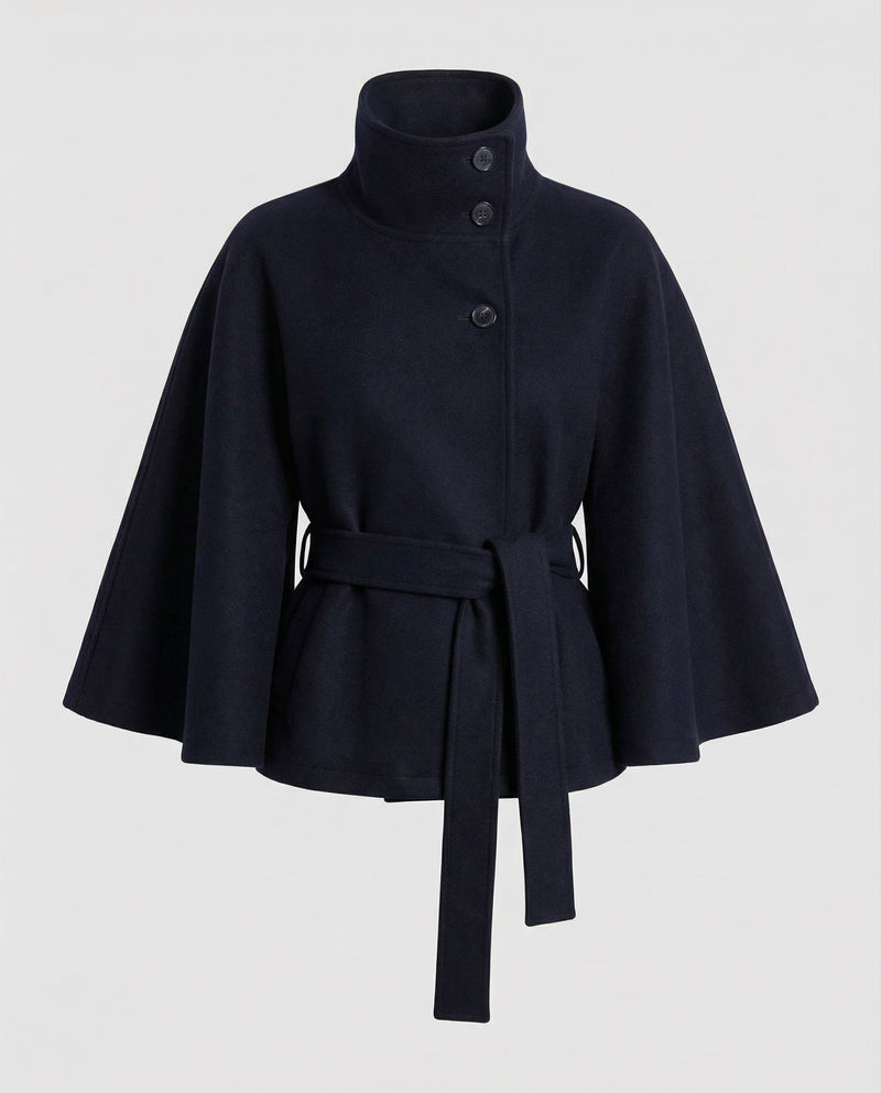 Women's Belted Wool-Blend Cape Jacket - High-Collar Winter Layer 4