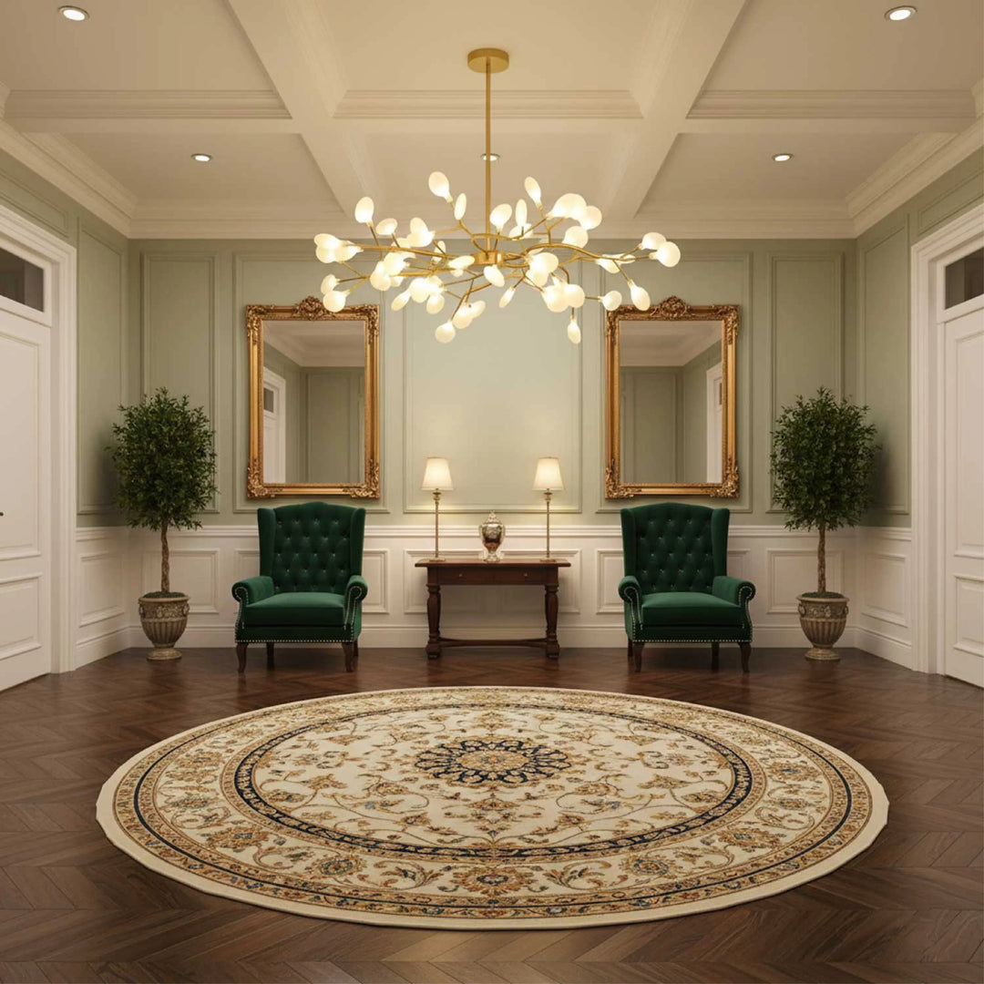 Gouden uitvoering van de lamp in een klassieke hal met groene fauteuils, gouden spiegels en rond tapijt 4
