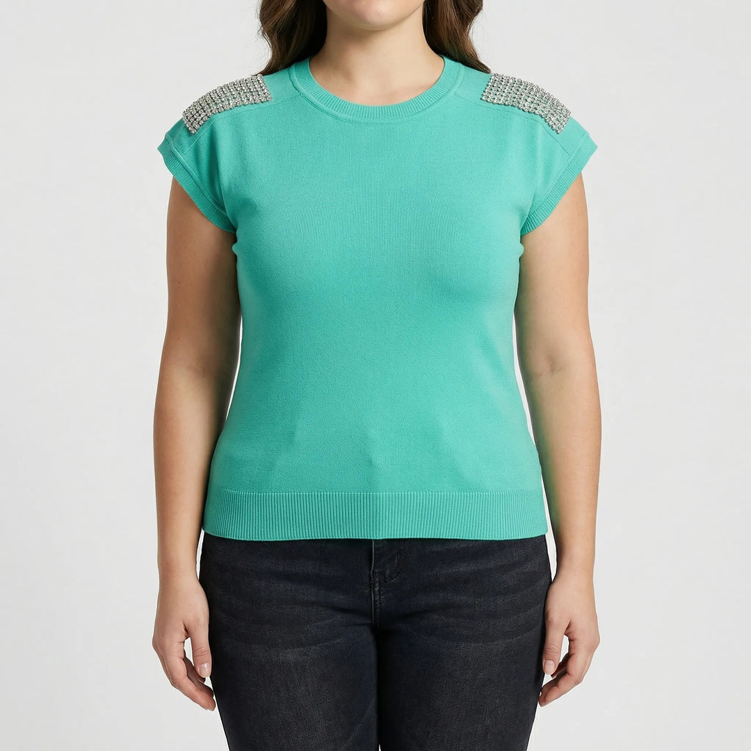 Fitted Rhinestone Shoulder Knit Top - Laura