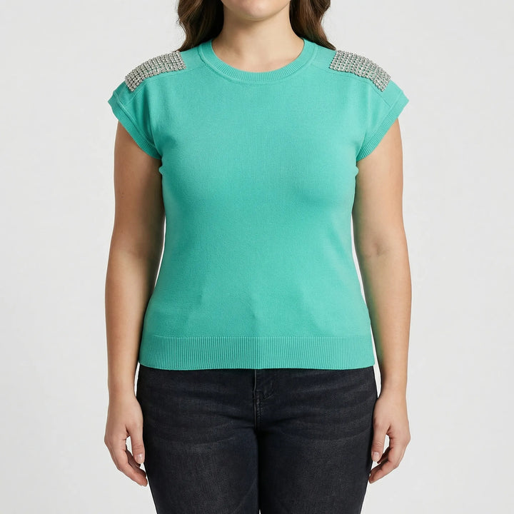 Fitted Rhinestone Shoulder Knit Top - Laura