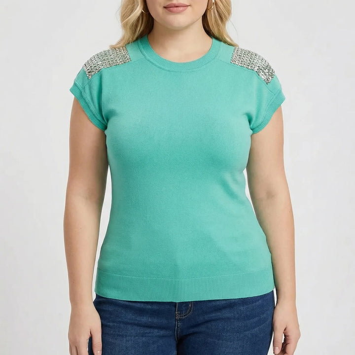 Fitted Rhinestone Shoulder Knit Top - Laura