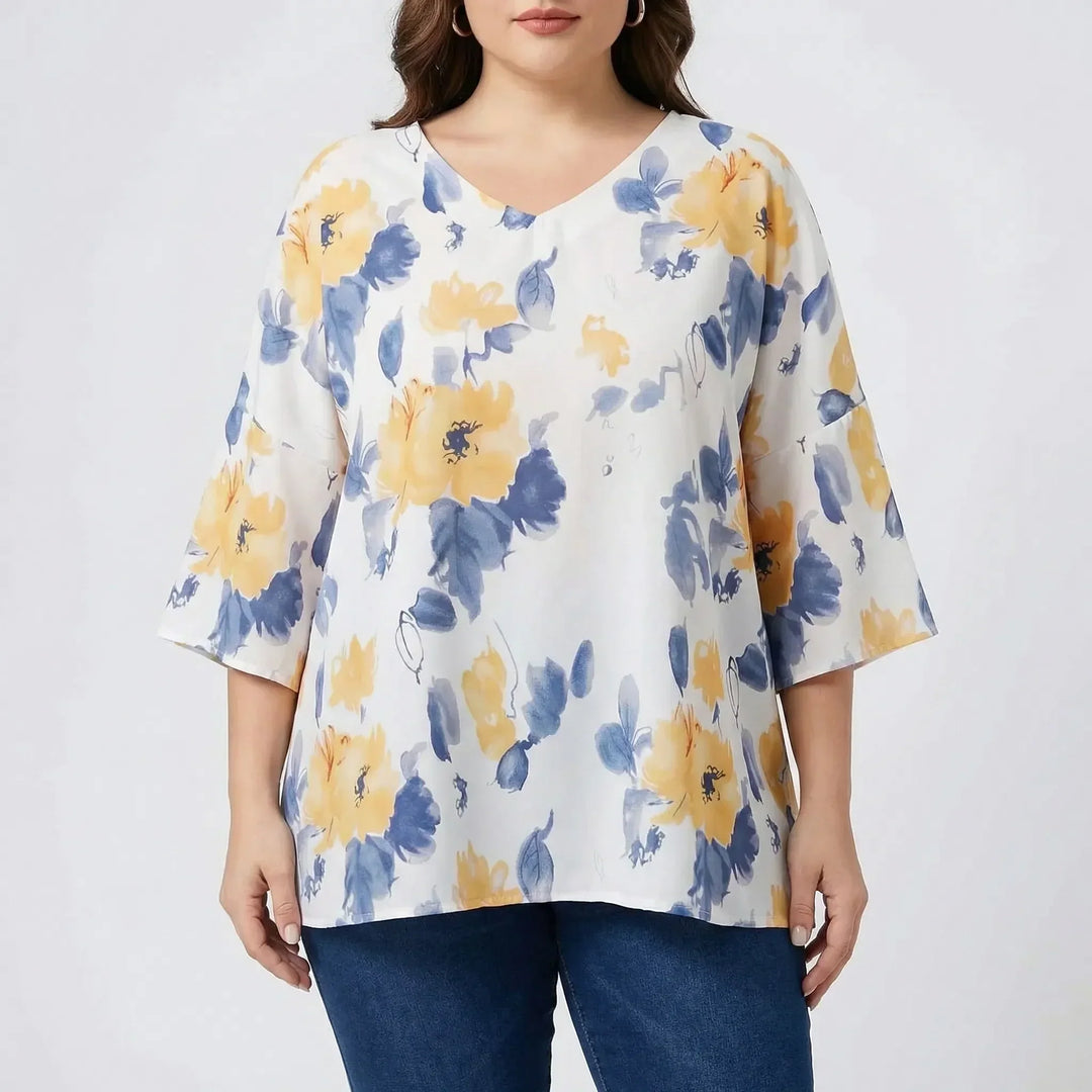 Floral Print V-Neck Blouse Plus Size - Hilda