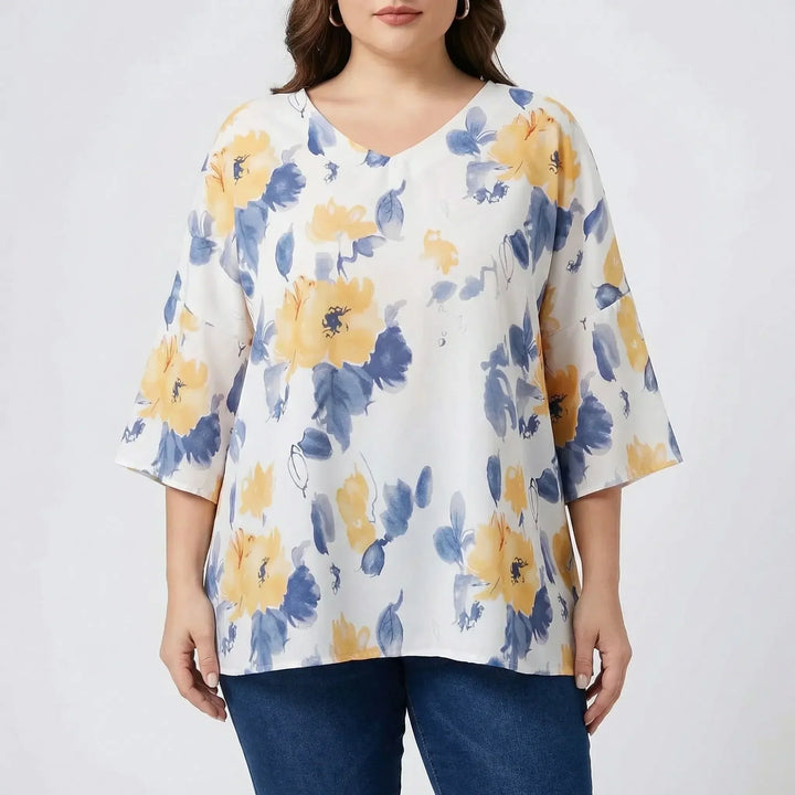 Floral Print V-Neck Blouse Plus Size - Hilda