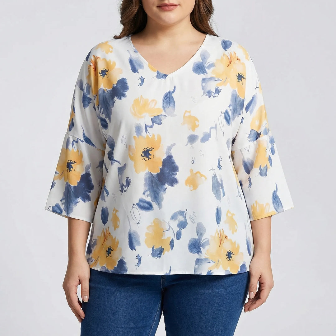 Floral Print V-Neck Blouse Plus Size - Hilda