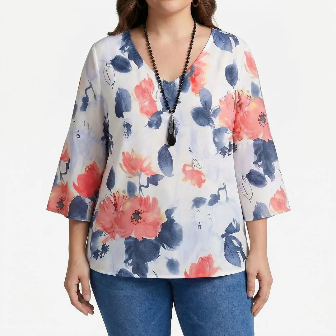 Floral Print V-Neck Blouse Plus Size - Hilda
