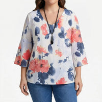 Floral Print V-Neck Blouse Plus Size - Hilda