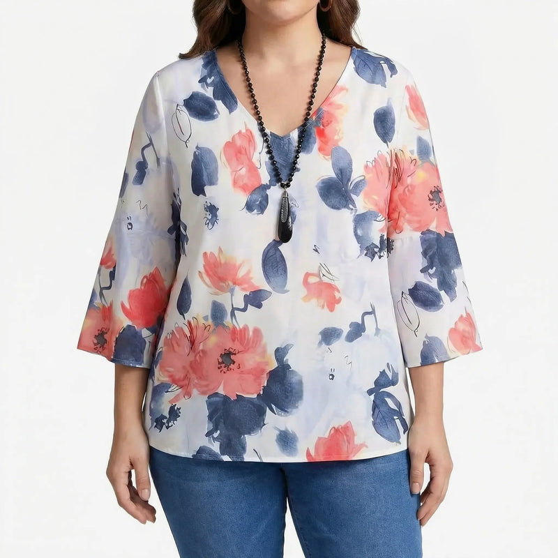 Floral Print V-Neck Blouse Plus Size - Hilda