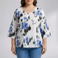 Floral Print V-Neck Blouse Plus Size - Hilda