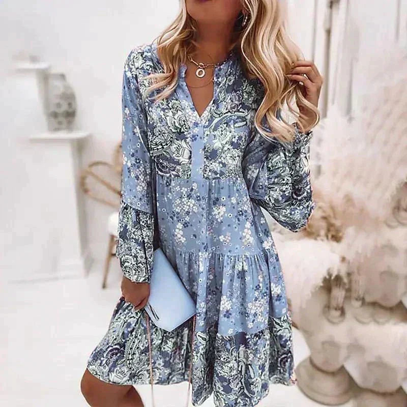 Bloemenprint Midi Jurk Met Lange Mouwen En Knoopsluiting – Amelise