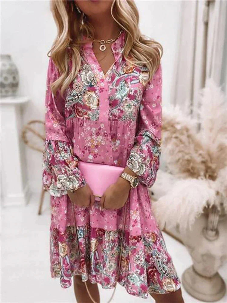 Bloemenprint Midi Jurk Met Lange Mouwen En Knoopsluiting – Amelise