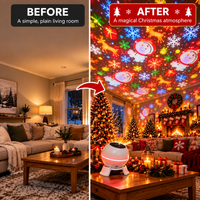 Vergelijking van dezelfde woonkamer links gewoon en rechts met kerstdecoratie en de projector aan, die het plafond vult met kleurrijke motieven. 3