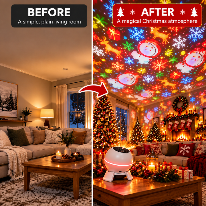Vergelijking van dezelfde woonkamer links gewoon en rechts met kerstdecoratie en de projector aan, die het plafond vult met kleurrijke motieven. 3