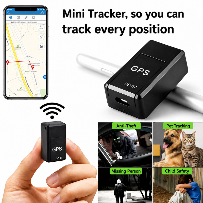 Collage met de zwarte tracker tussen duim en vinger, een telefoonkaart en toepassingen zoals diefstalbeveiliging, huisdieren en kinderen. 2